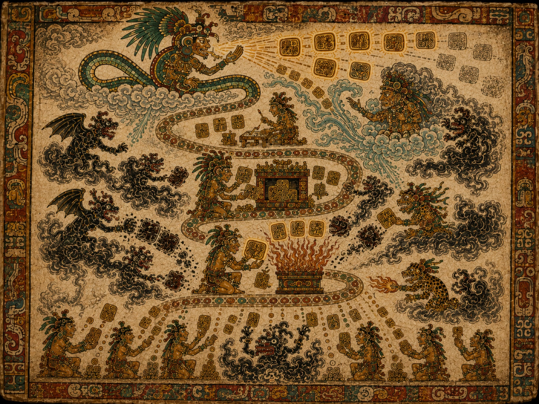 A Maya codex mural: Kukulcán, the feathered serpent, sending glyph-messages to scribes who record them.